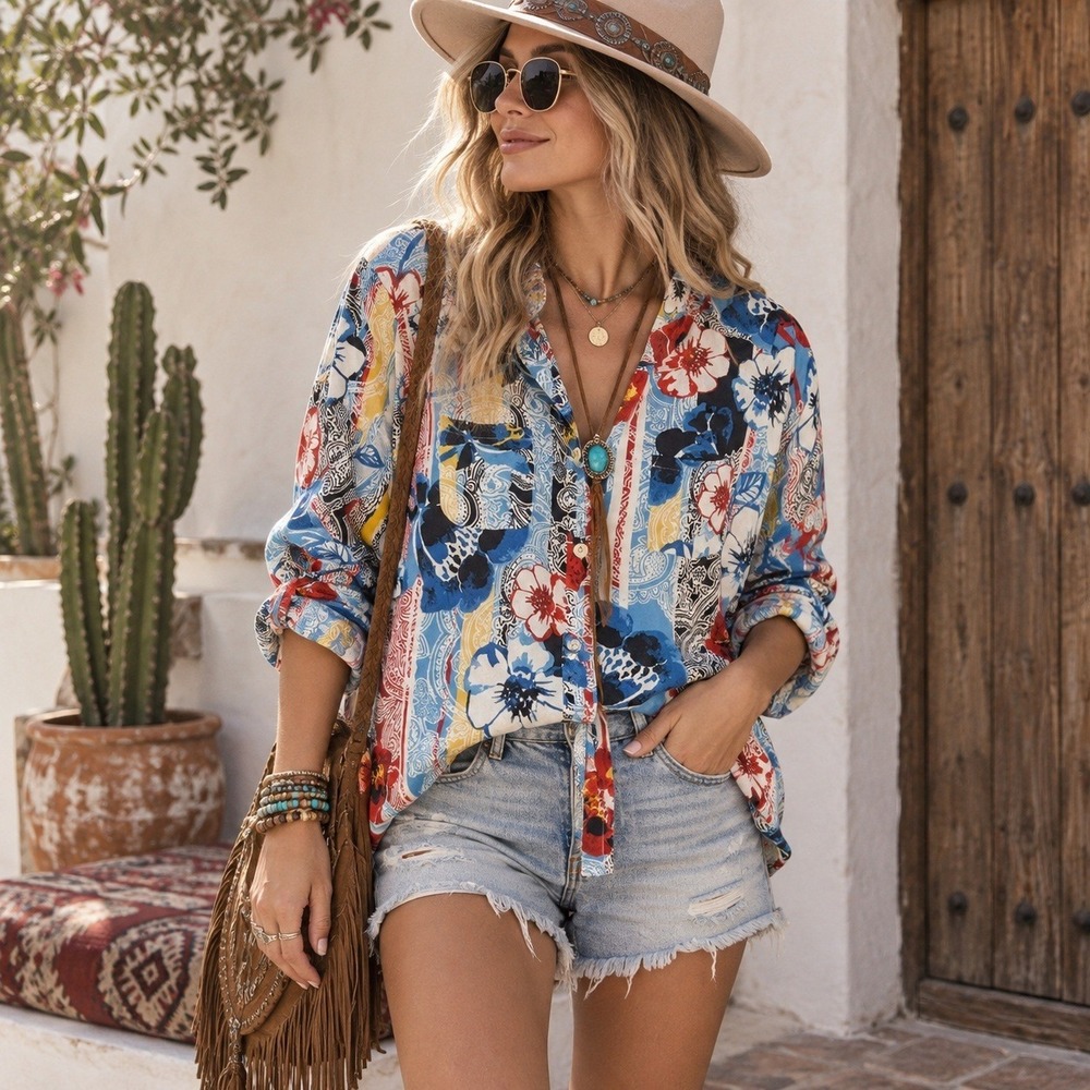 Ruby Rd Women's Petite Medium Floral Paisley Button Down Shirt Boho Colorful